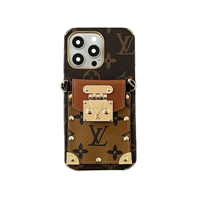 Louis Vuitton-Inspired Monogram iPhone Case with Card Holder & Strap | Black Edition