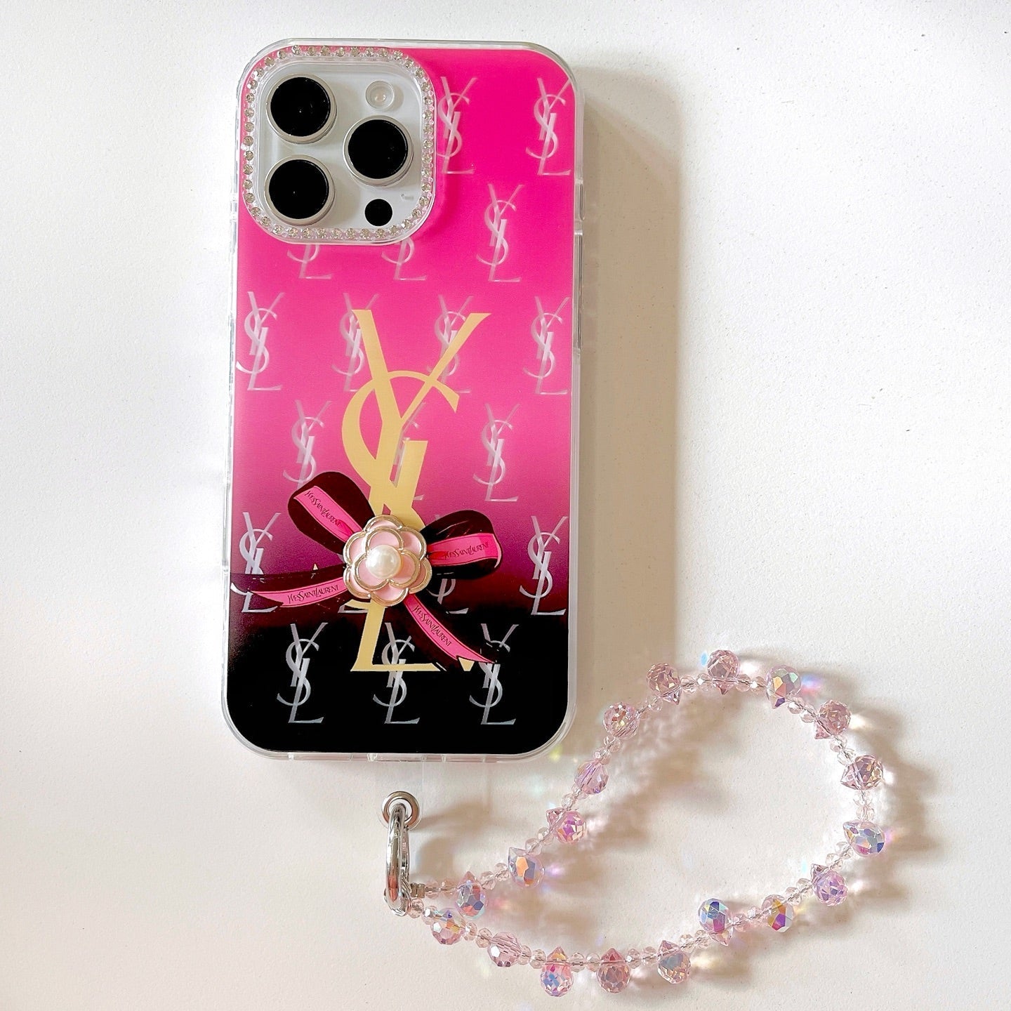 YSL iPhone Case Hot Pink Gradient | Saint Laurent Luxury Clear Case with Pearl Bow & Crystal Chain iPhone 13-17 Pro Max