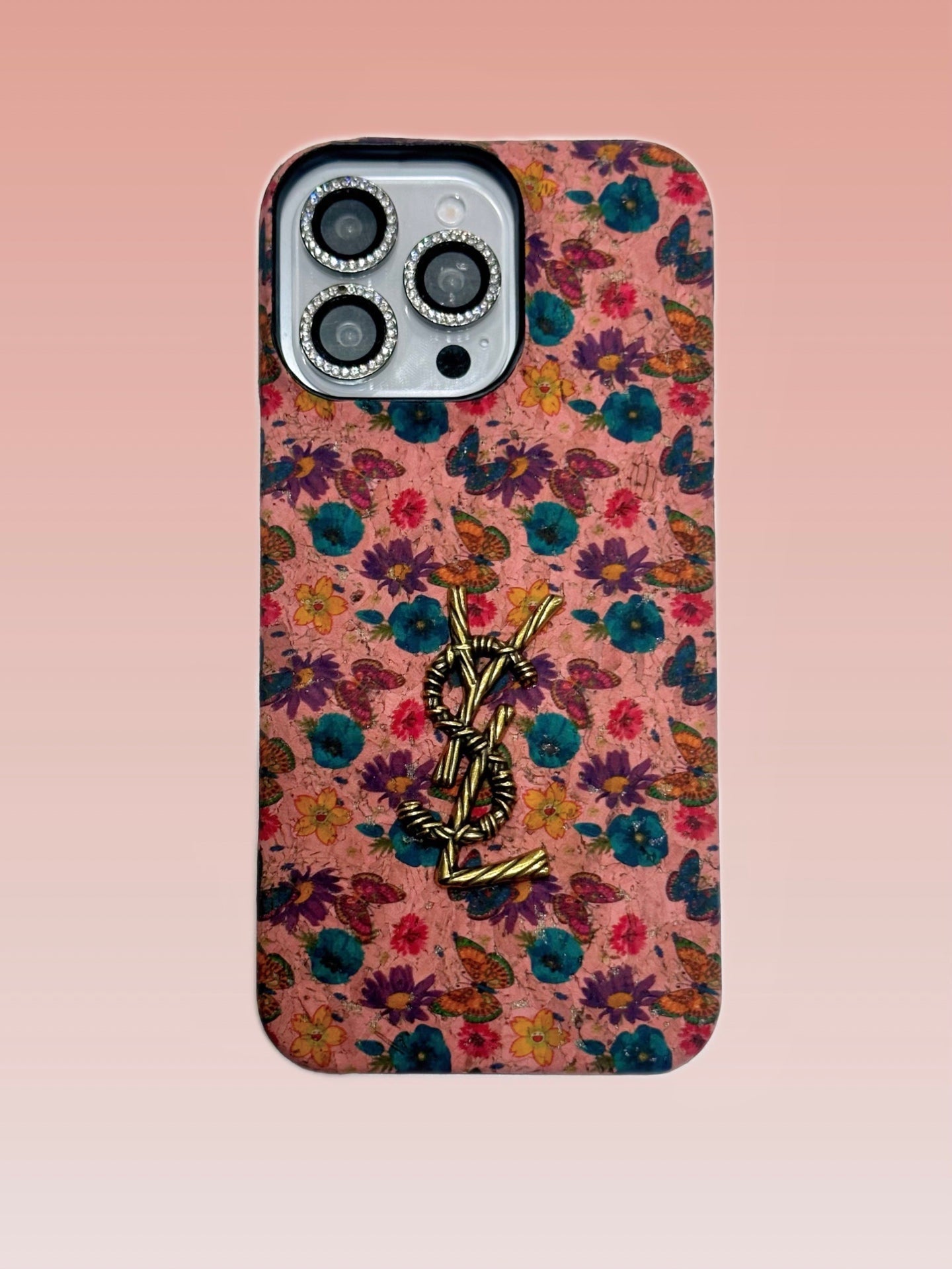 YSL iPhone Case Pink Floral | Saint Laurent Luxury Phone Case with Diamond Lens Ring iPhone 13-17 Air