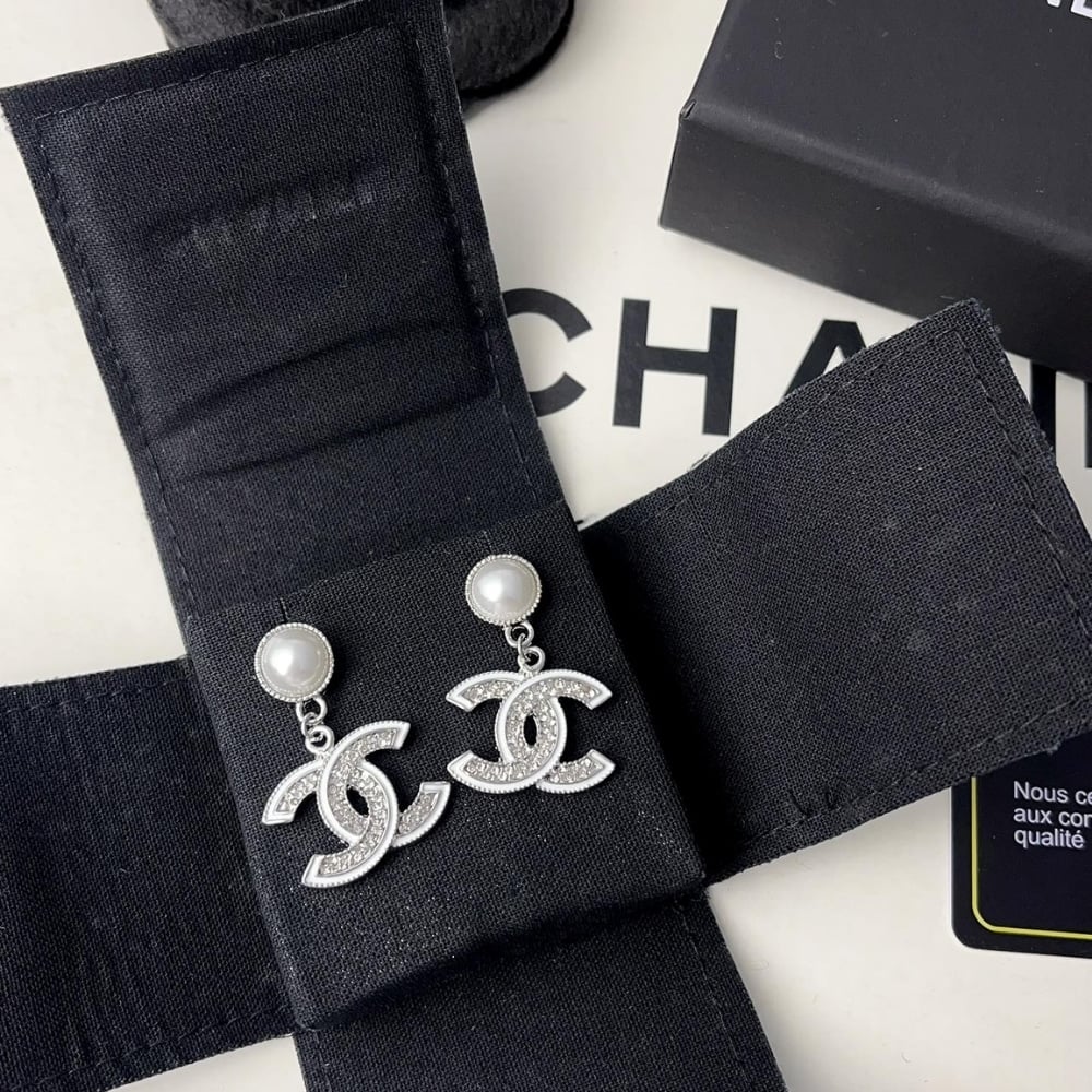 Chanel Double C Pearl Earrings Silver White