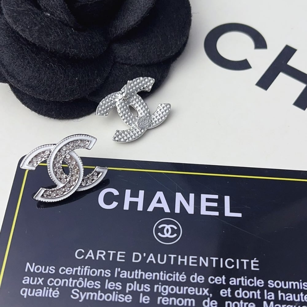 Chanel-Inspired Crystal Stud Earrings – Silver & White