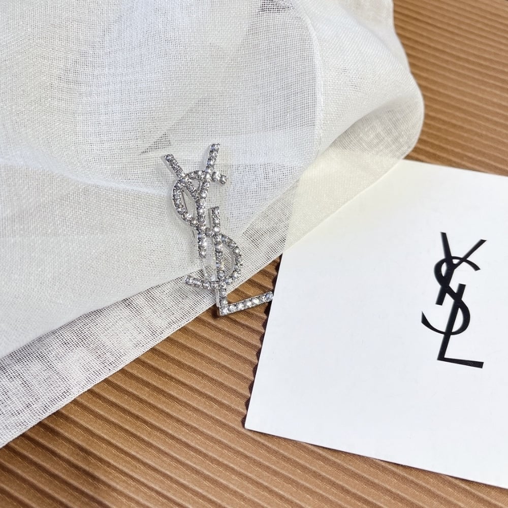 Saint Laurent YSL Brooch Silver With Stones Attached