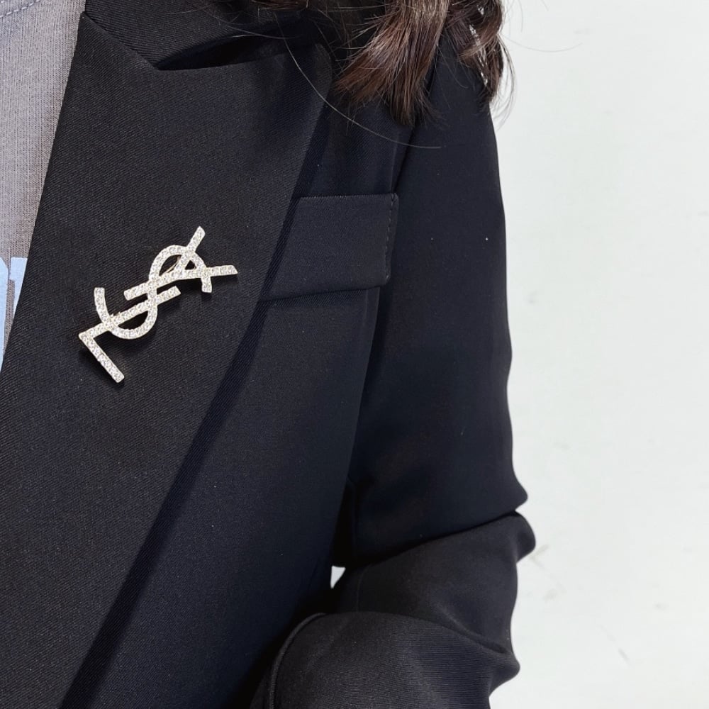 Saint Laurent YSL Brooch Silver With Stones Attached