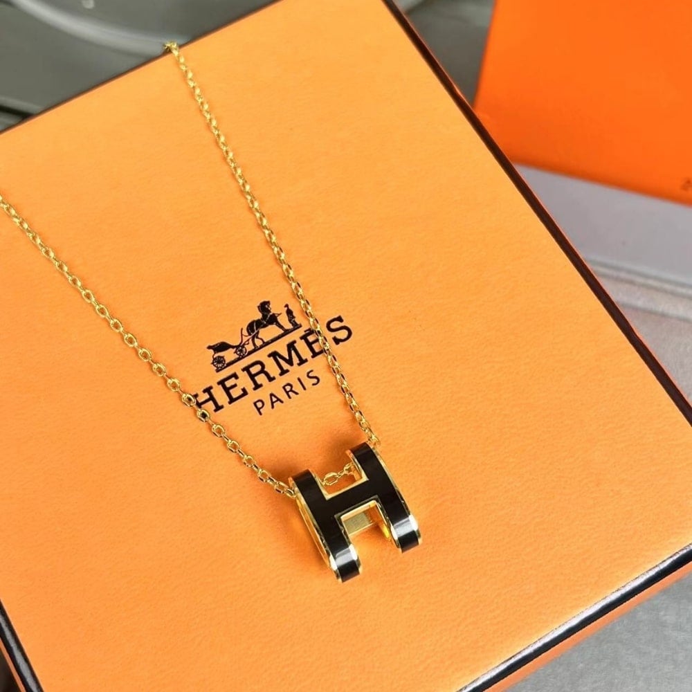 Hermes Mini Pop H Pendant Necklace Black And Gold