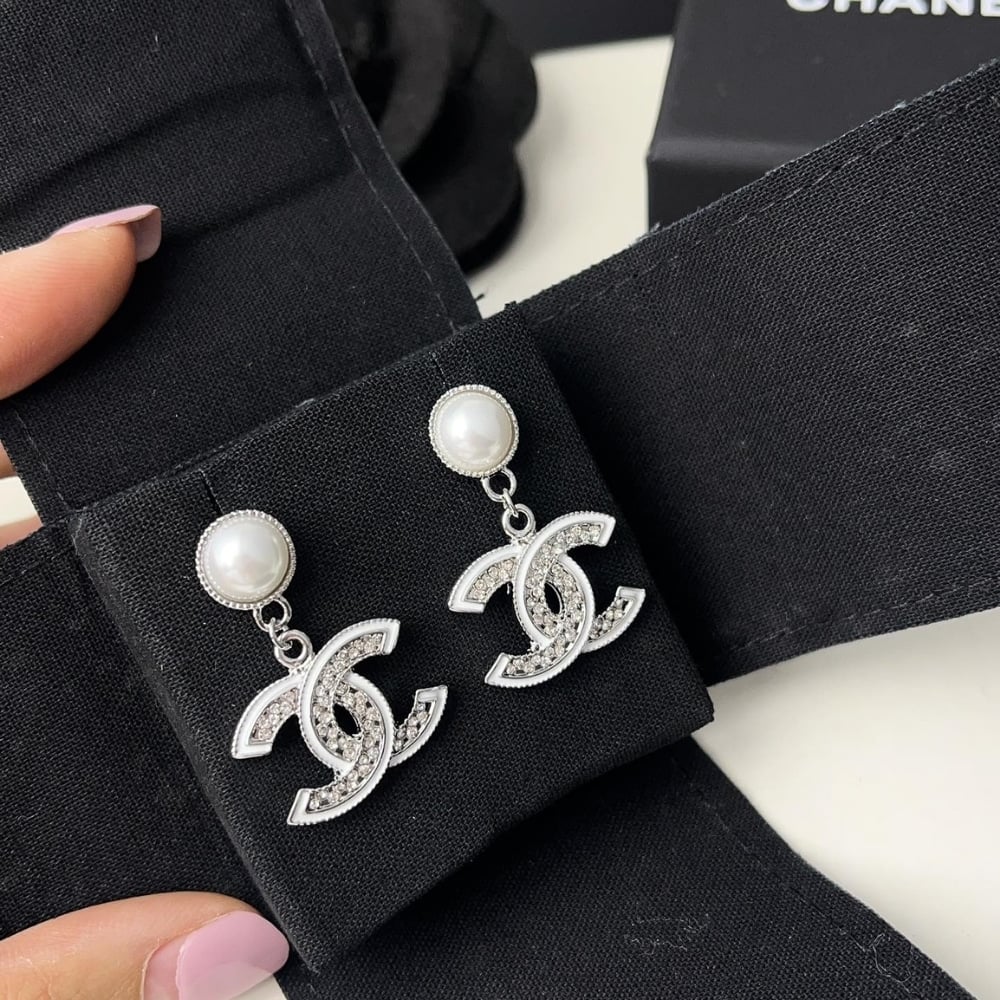 Chanel Double C Pearl Earrings Silver White