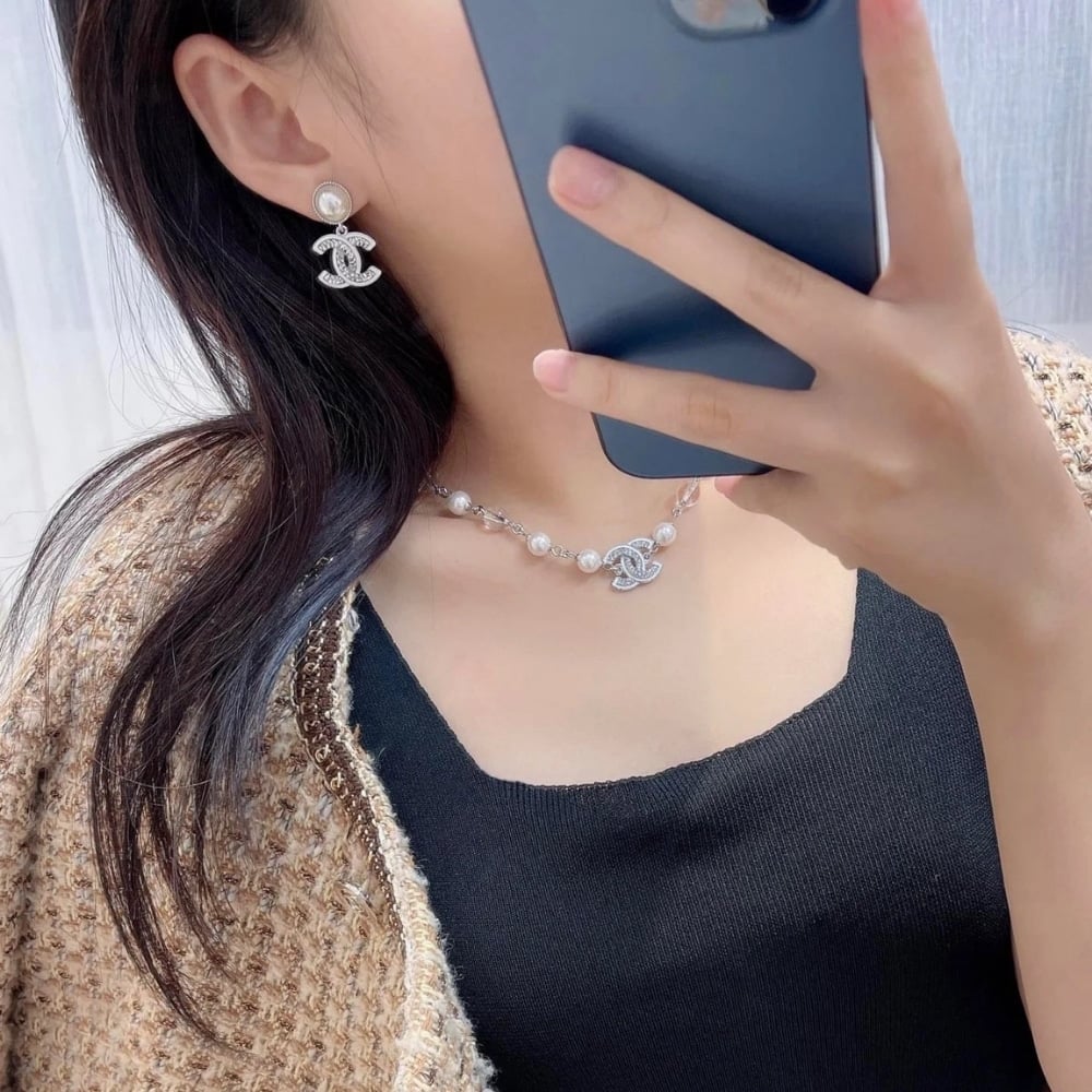 Chanel Double C Pearl Earrings Silver White