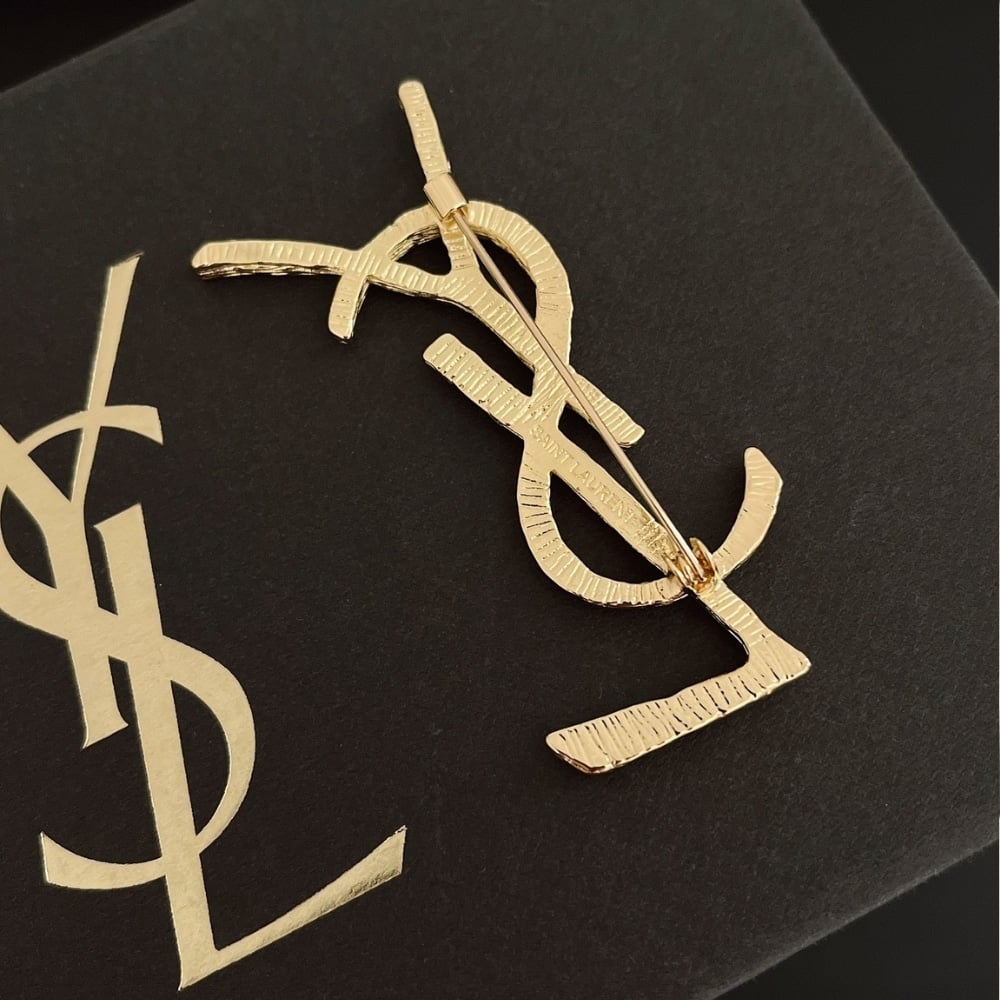 Saint Laurent YSL Brooch Gold With Stone