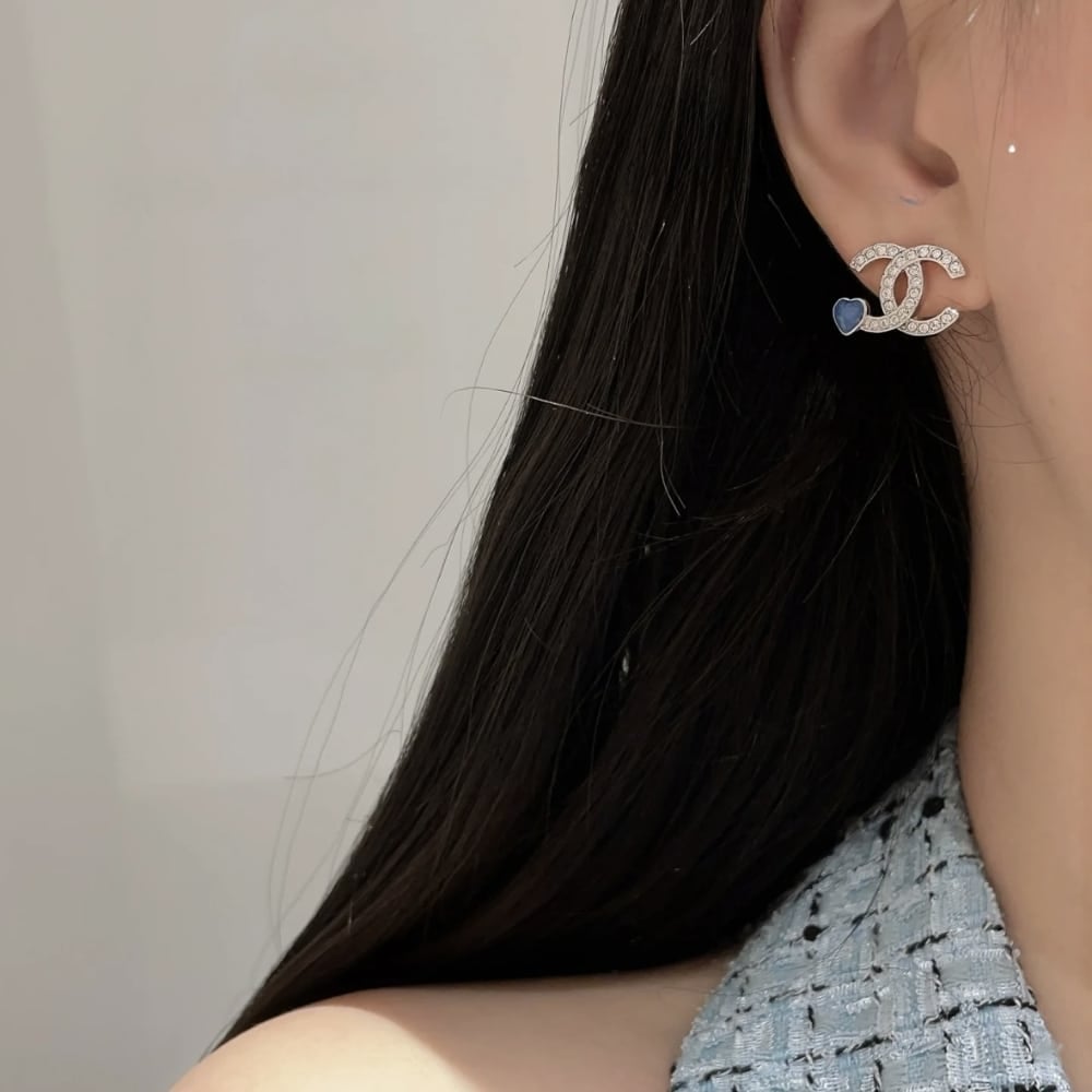 Chanel-Inspired Silver & Blue Stud Earrings