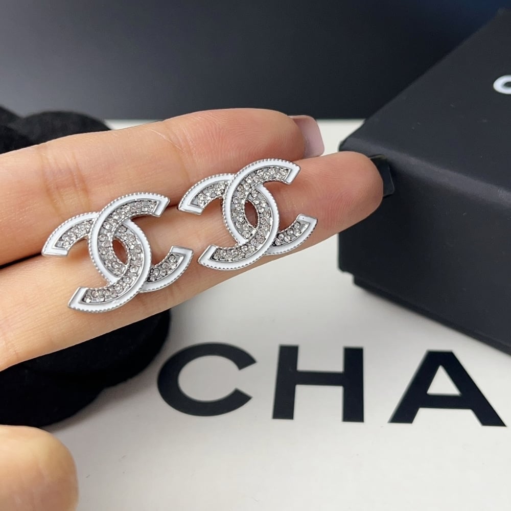 Chanel-Inspired Crystal Stud Earrings – Silver & White