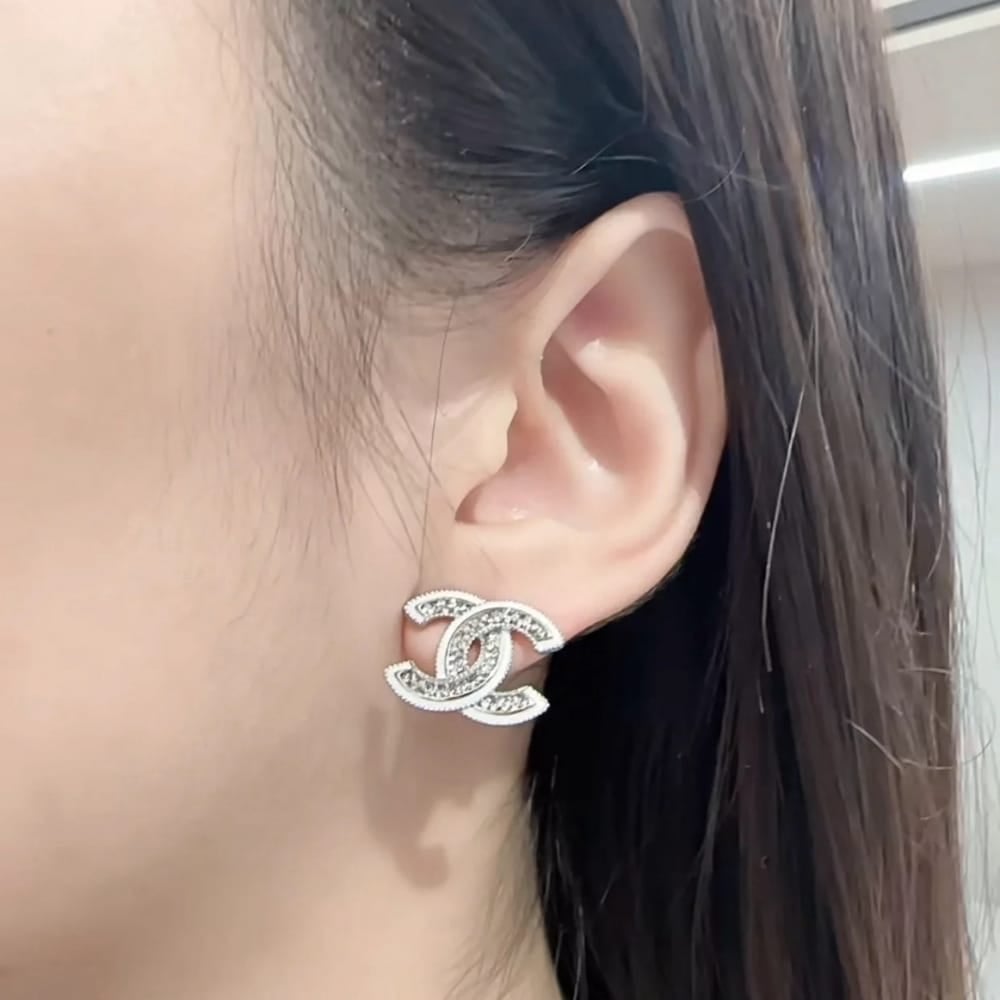 Chanel-Inspired Crystal Stud Earrings – Silver & White