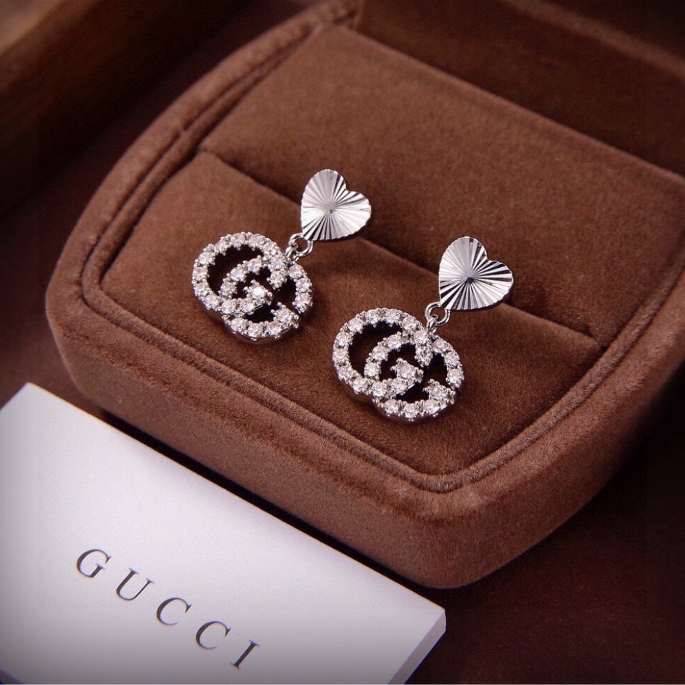 Gucci Gg Heart Earrings Silver With Crystals