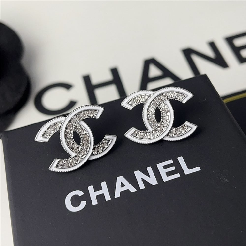 Chanel-Inspired Crystal Stud Earrings – Silver & White