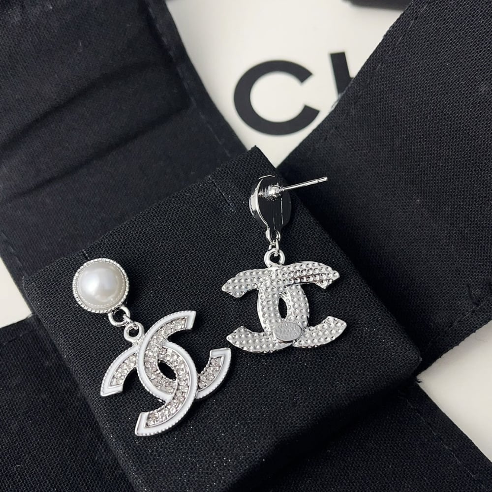 Chanel Double C Pearl Earrings Silver White