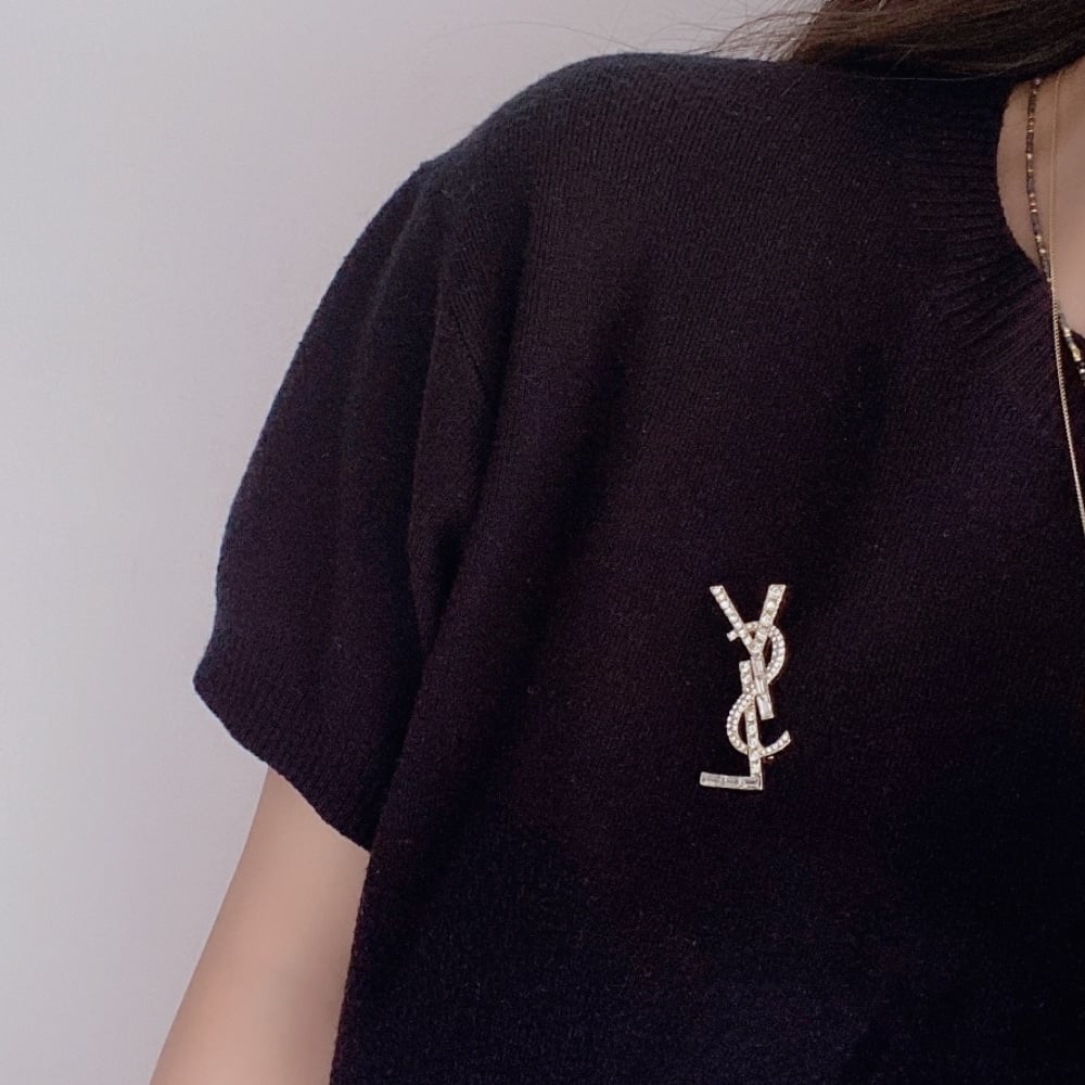 Saint Laurent YSL Brooch Gold With Stone