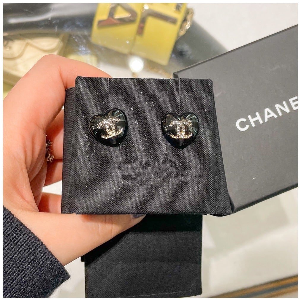 Chanel Cc Black Heart Earrings