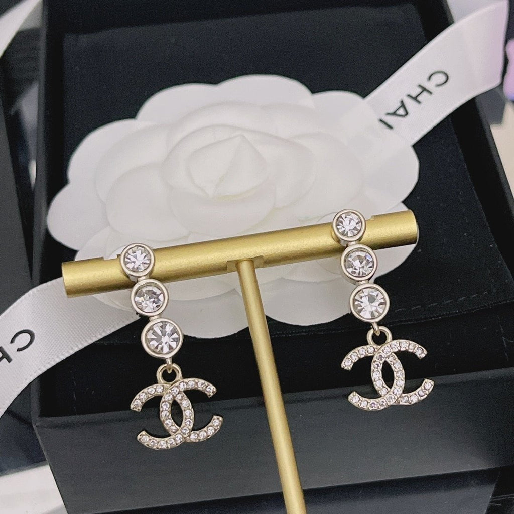 Chanel Crystal Cc Drop Earrings Gold