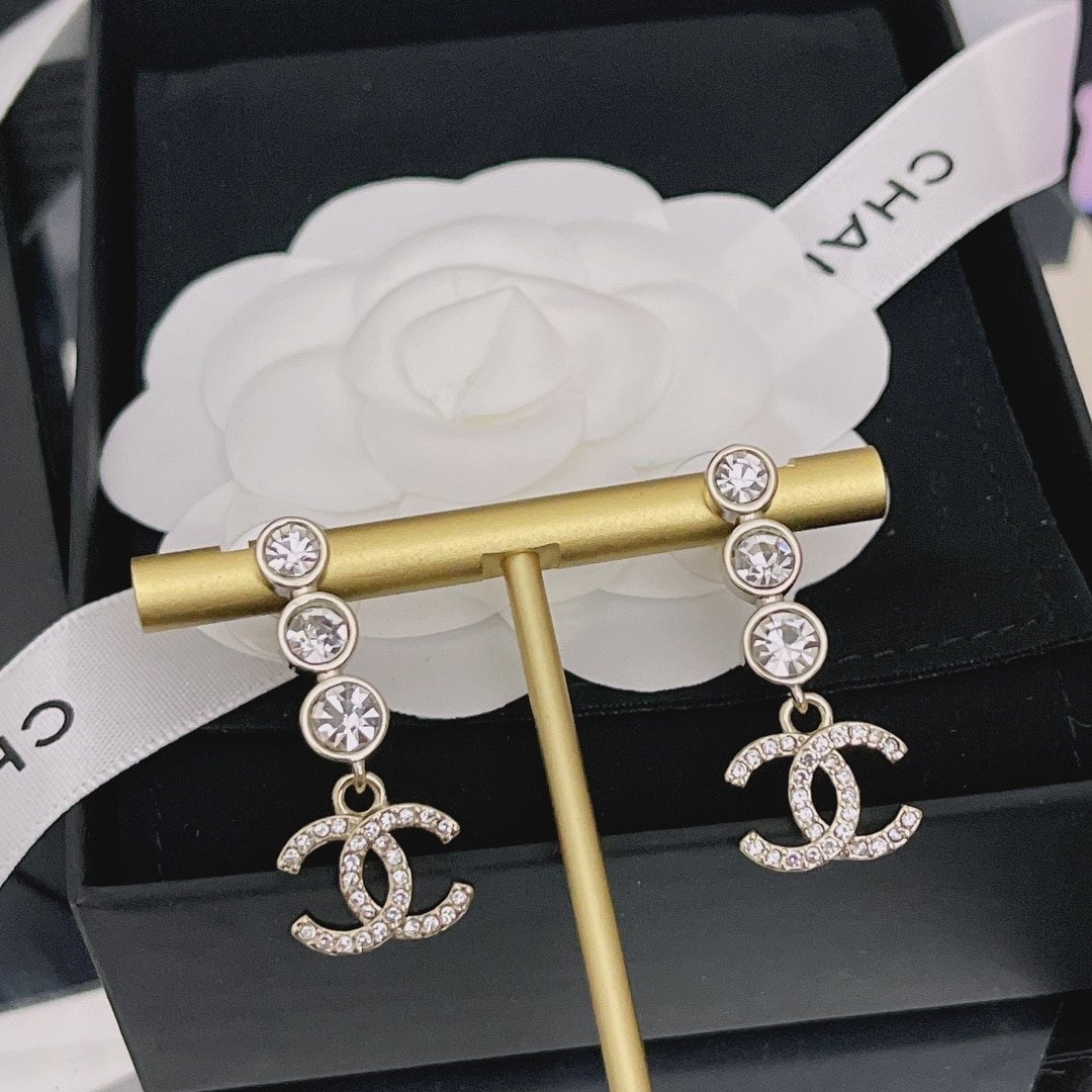 Chanel Crystal Cc Drop Earrings Gold