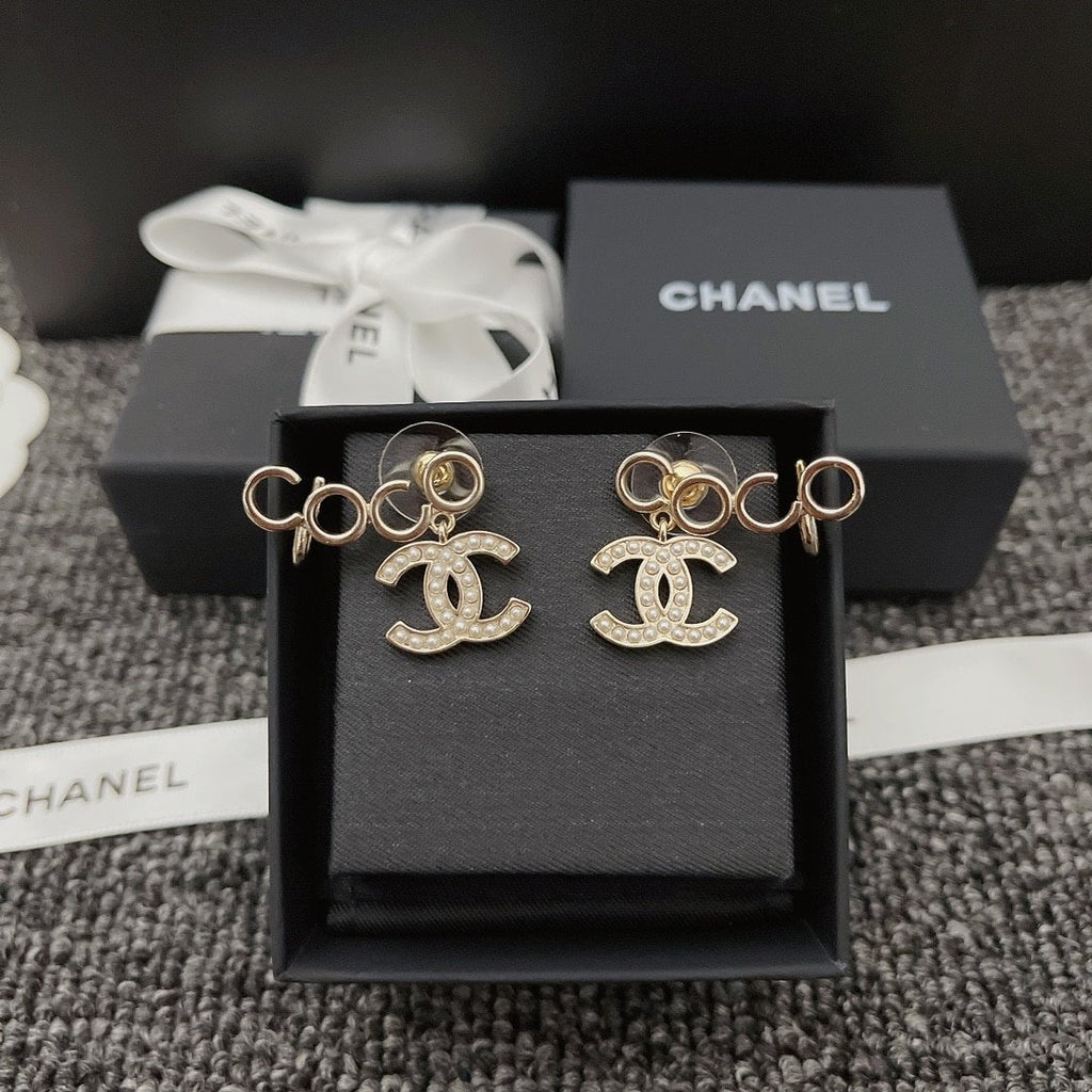 Chanel Metal Pearl Cc Coco Climber Clip On Earrings Gold