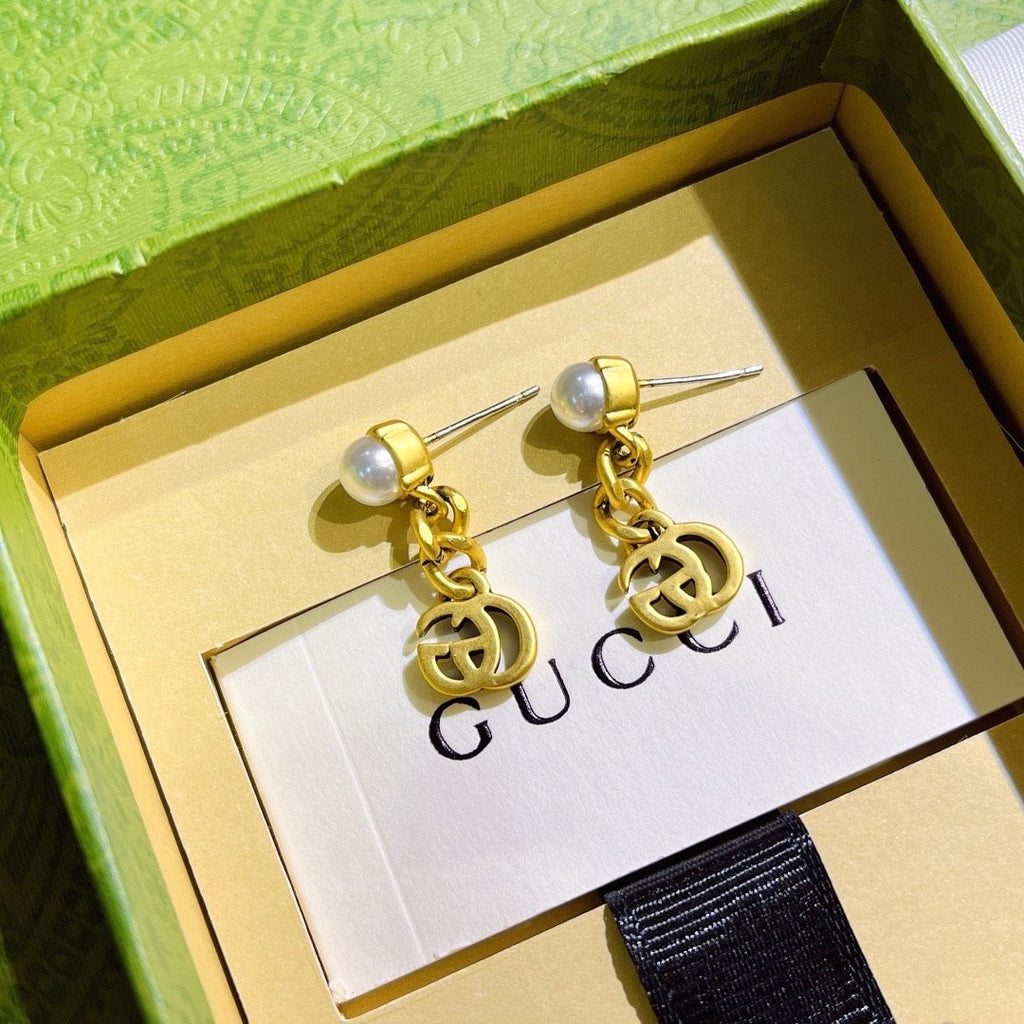 Gucci Pearl Double G Earrings Gold 645665 I4620 8078