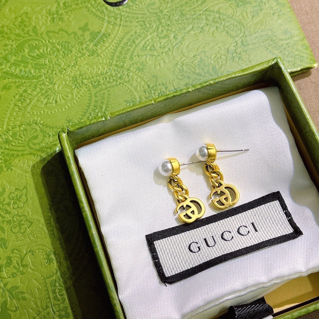 Gucci Pearl Double G Earrings Gold 645665 I4620 8078