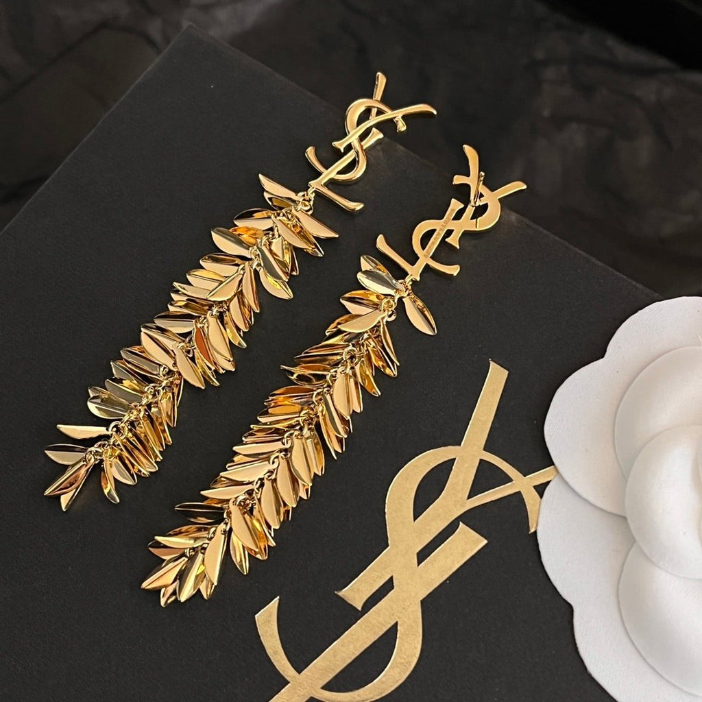 Saint Laurent YSL Leaf Tassel Gold Earrings