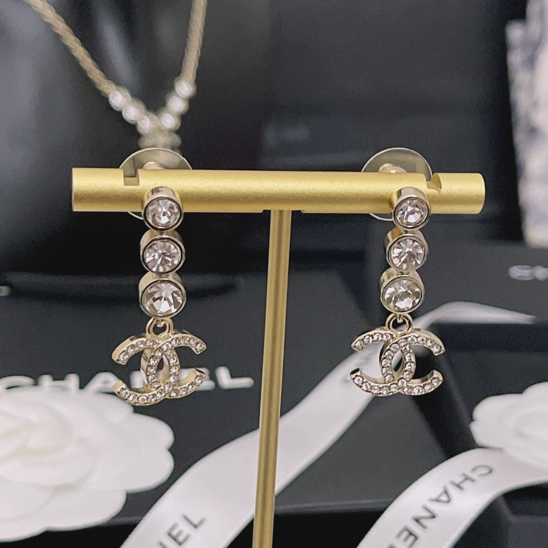 Chanel Crystal Cc Drop Earrings Gold