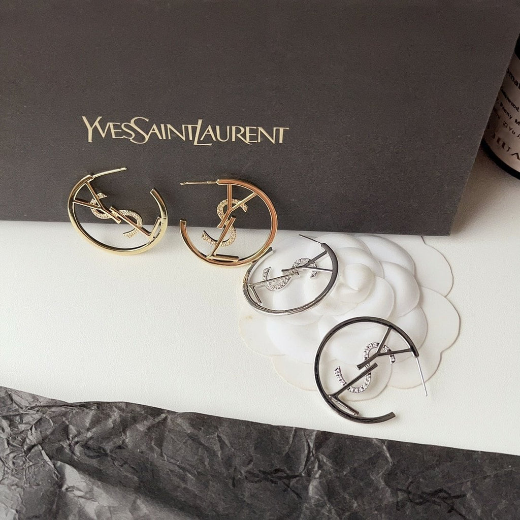 Saint Laurent YSL Hoop Earrings With Crystal Silver Tone