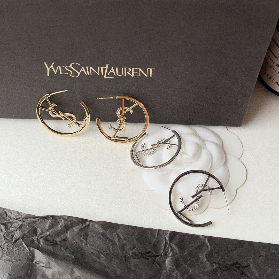 Saint Laurent YSL Hoop Earrings With Crystal Silver Tone