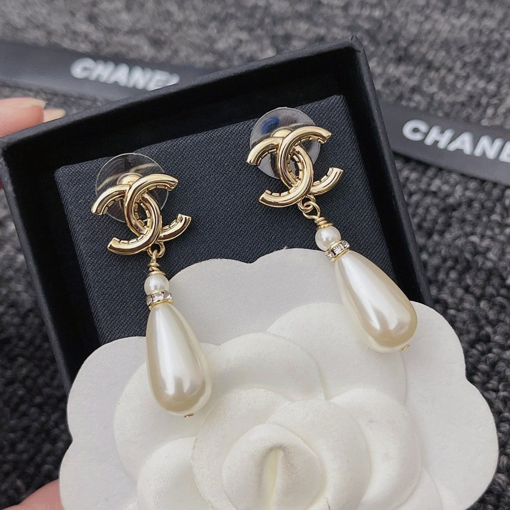 Chanel Cc Pearl Drop Earrings