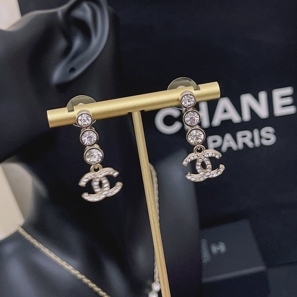 Chanel Crystal Cc Drop Earrings Gold