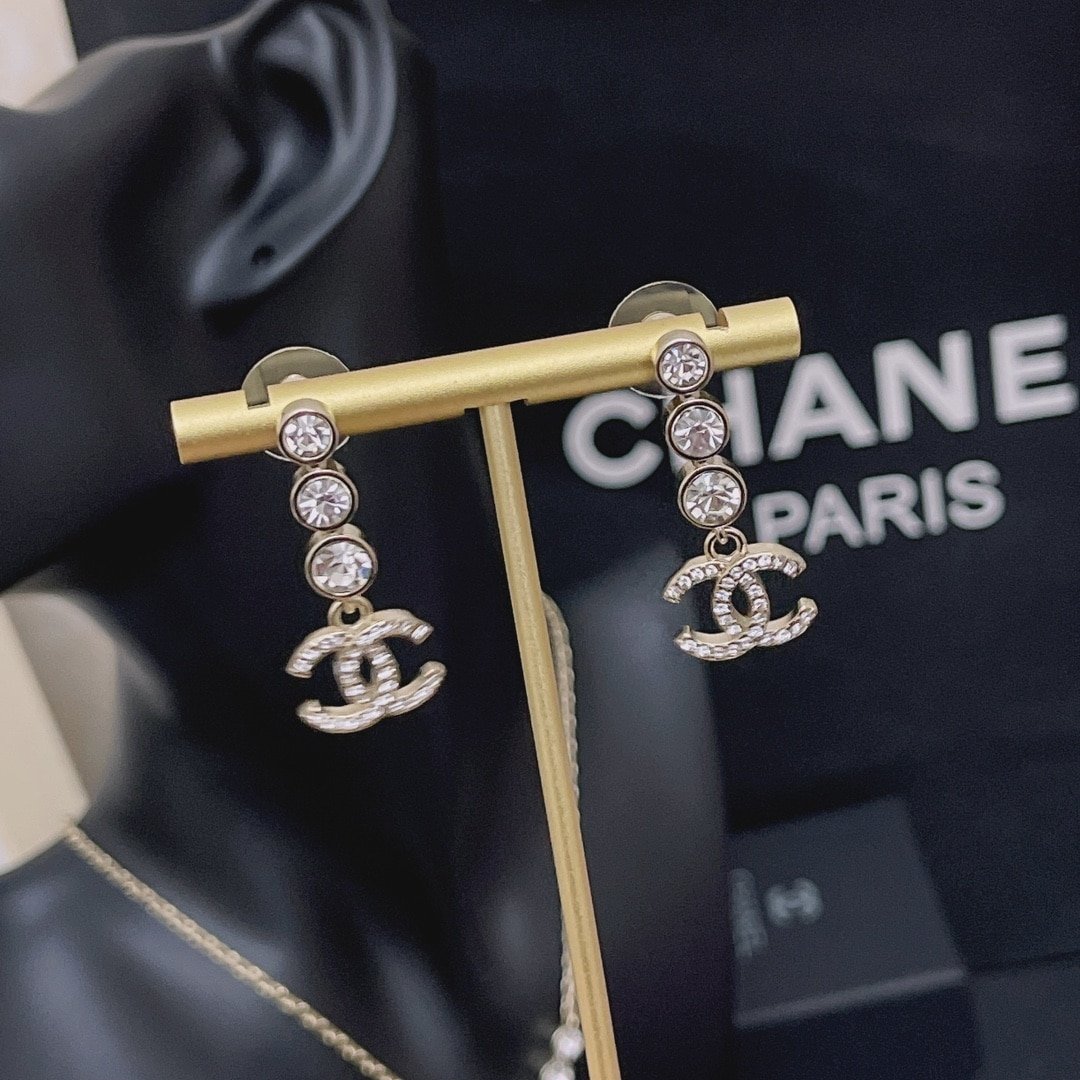 Chanel Crystal Cc Drop Earrings Gold