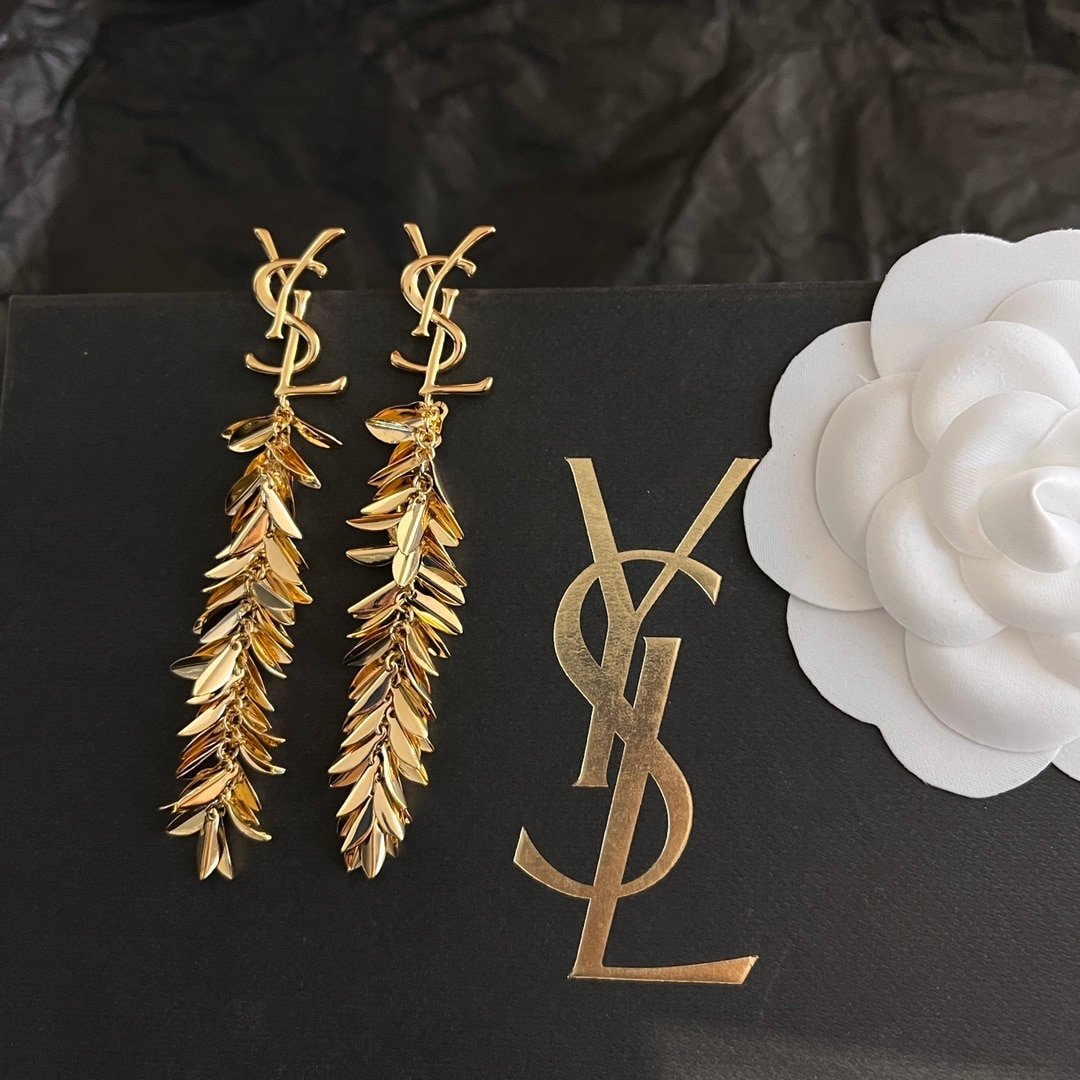 Saint Laurent YSL Leaf Tassel Gold Earrings