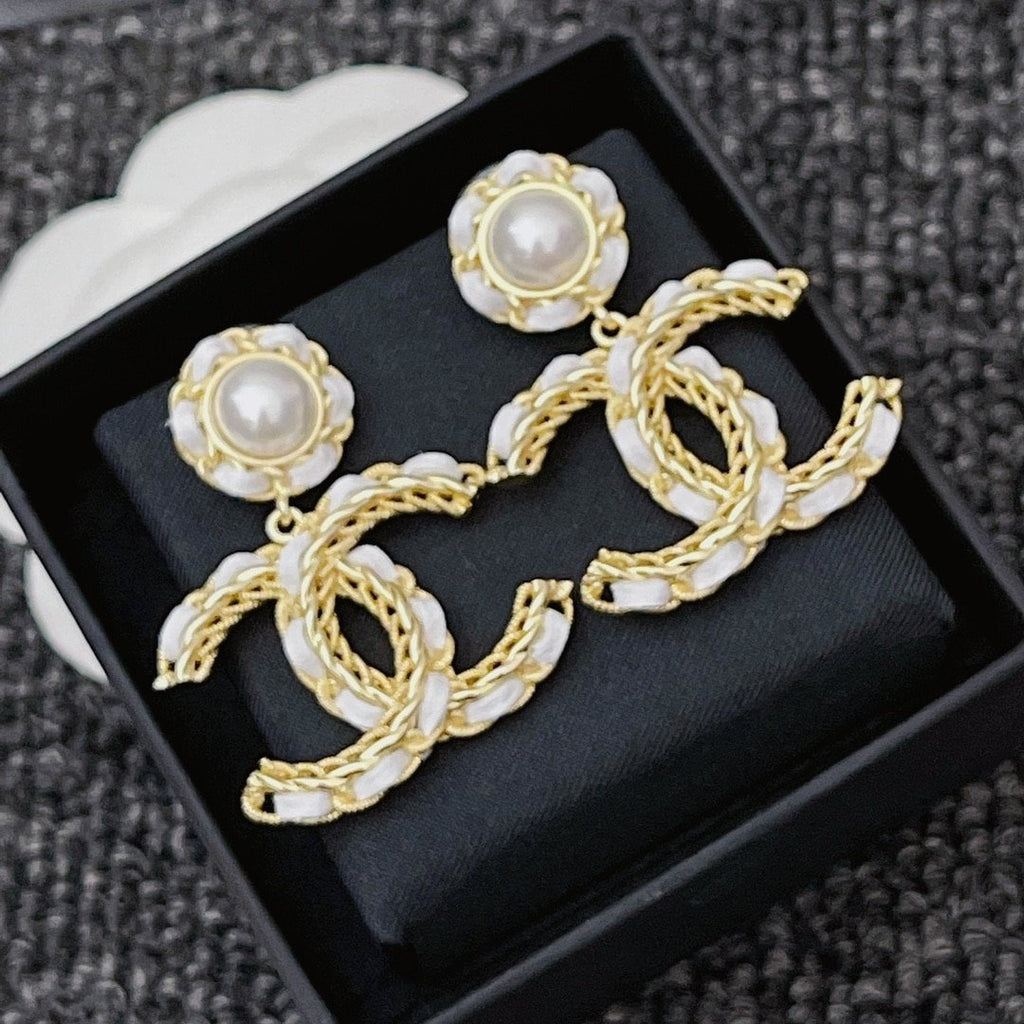Chanel White Leather & Gold Metal Drop Earrings