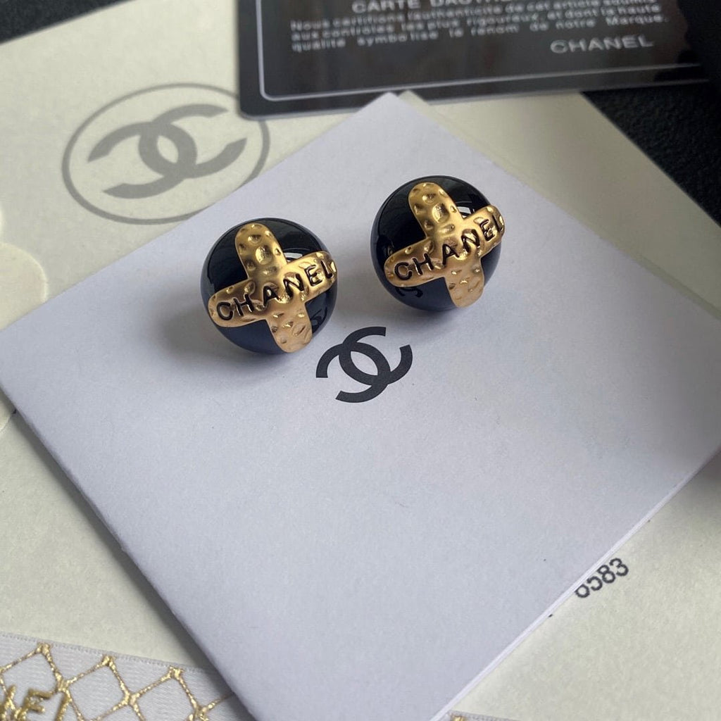 Chanel Button Black Earrings