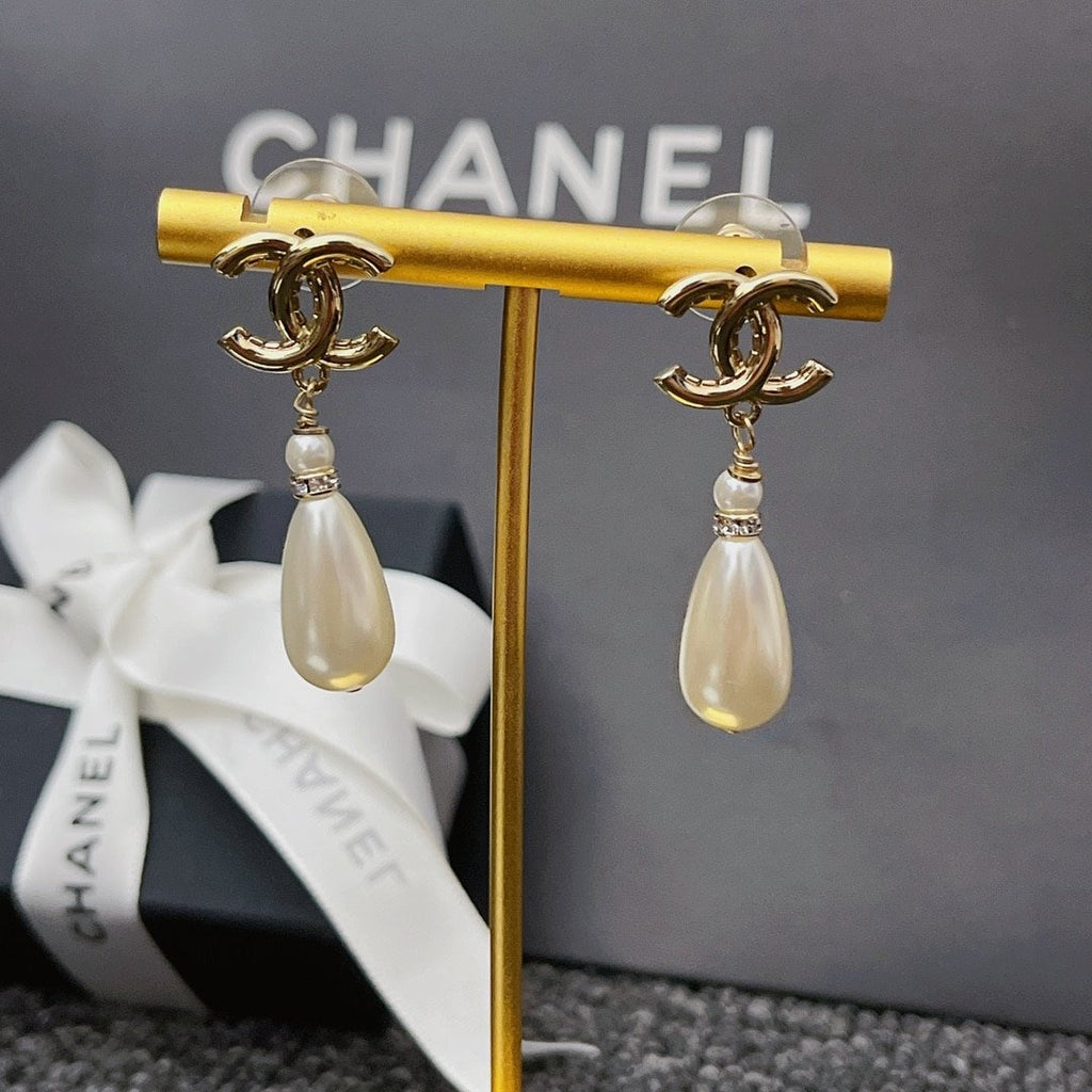 Chanel Cc Pearl Drop Earrings