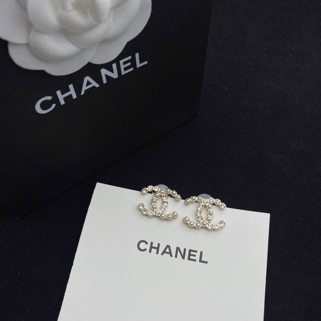 Chanel Cc Crystal Pearl Silver Earrings