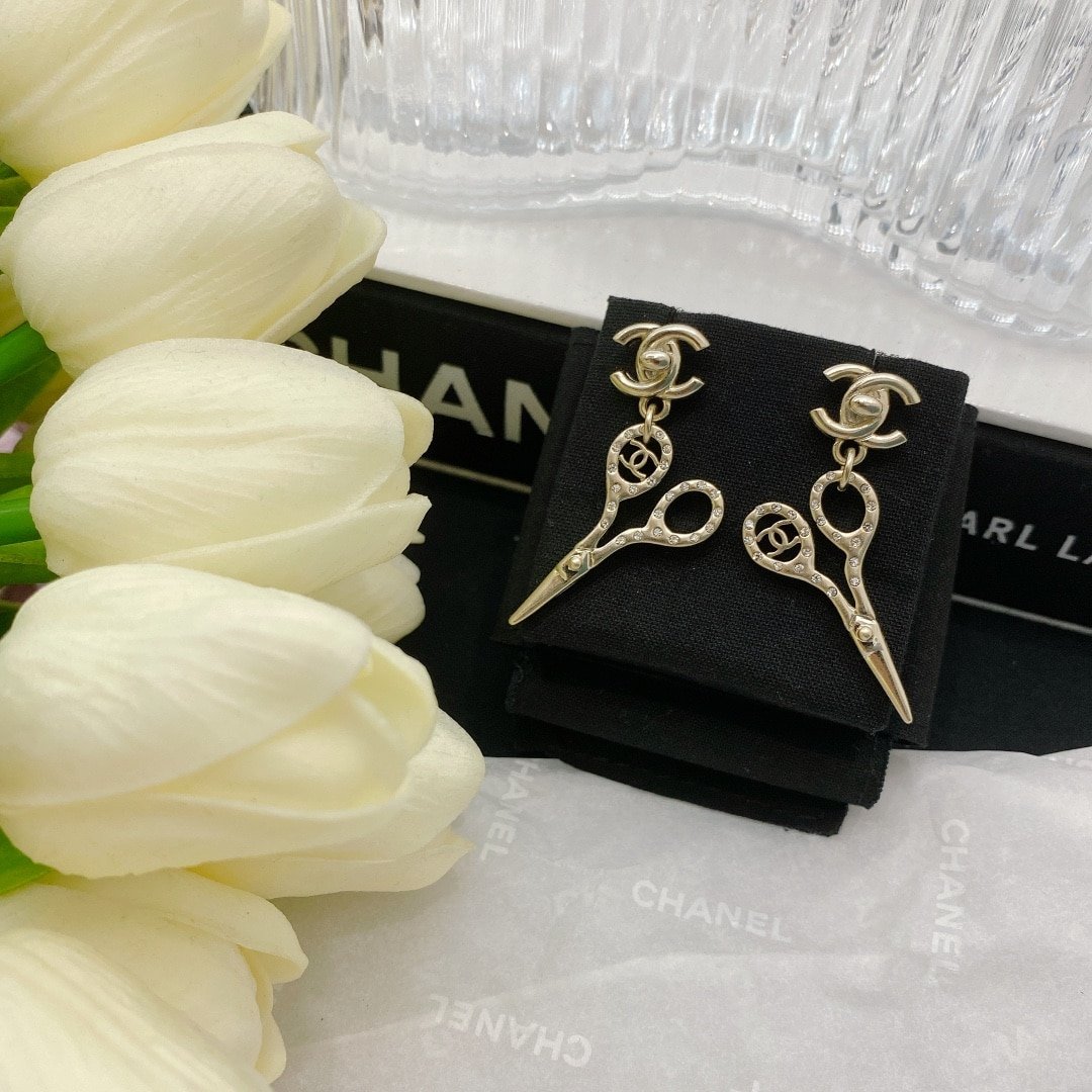 Chanel Cc Lock Crystal Scissors Drop Earrings