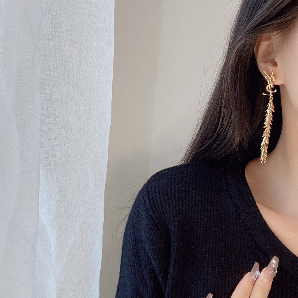 Saint Laurent YSL Leaf Tassel Gold Earrings