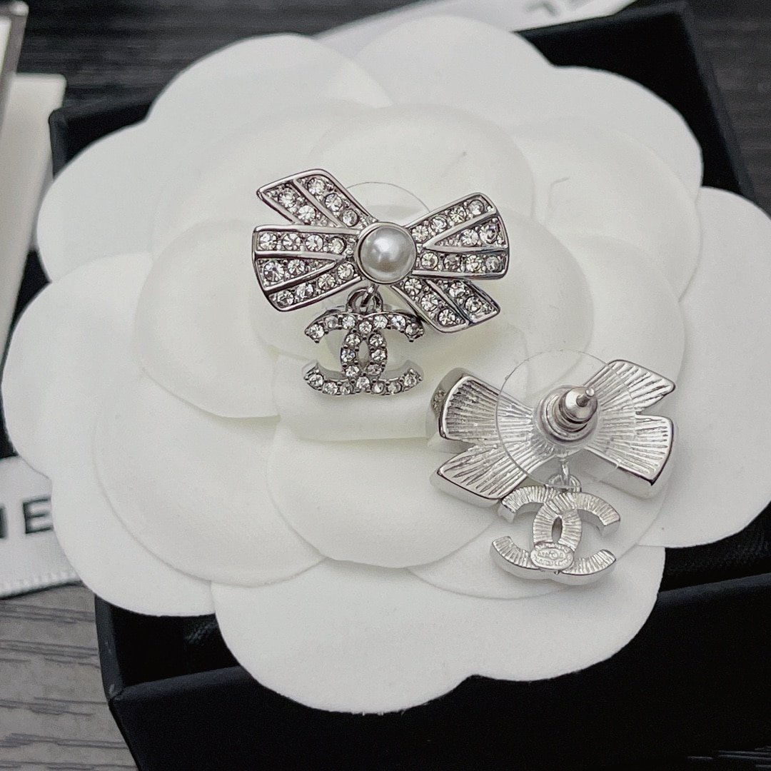 Chanel Crystal Cc Bow Drop Earrings Silver