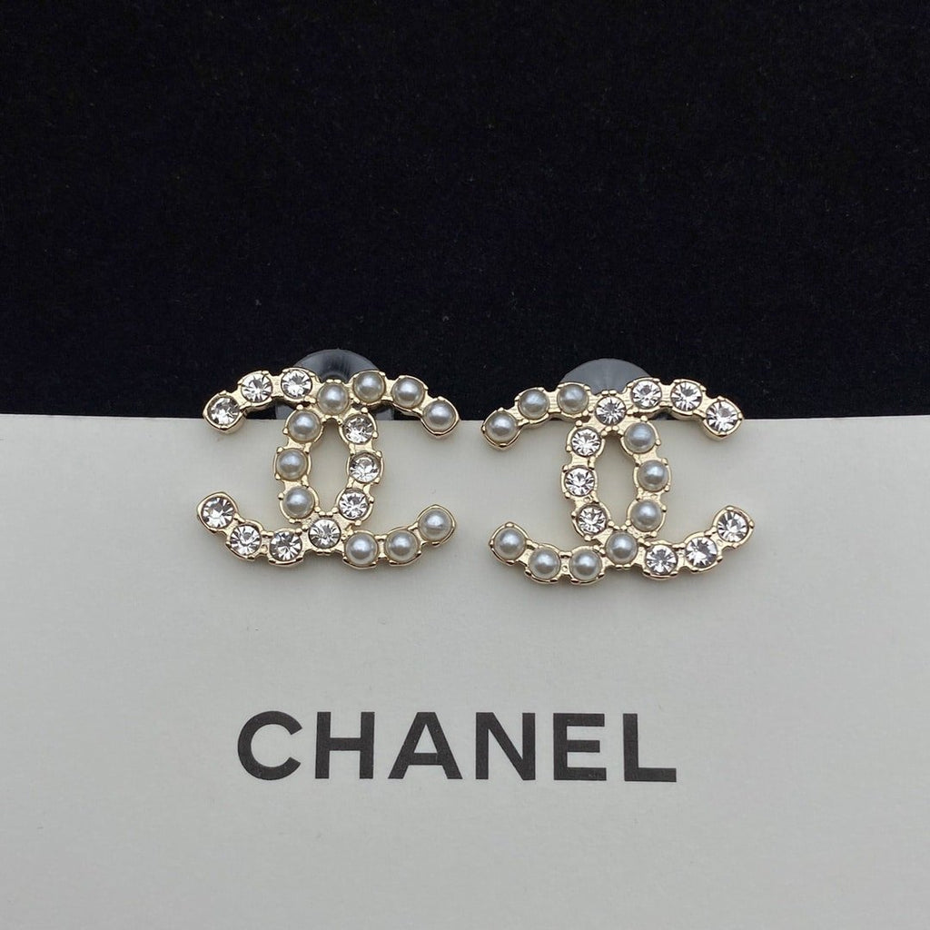 Chanel Cc Crystal Pearl Silver Earrings