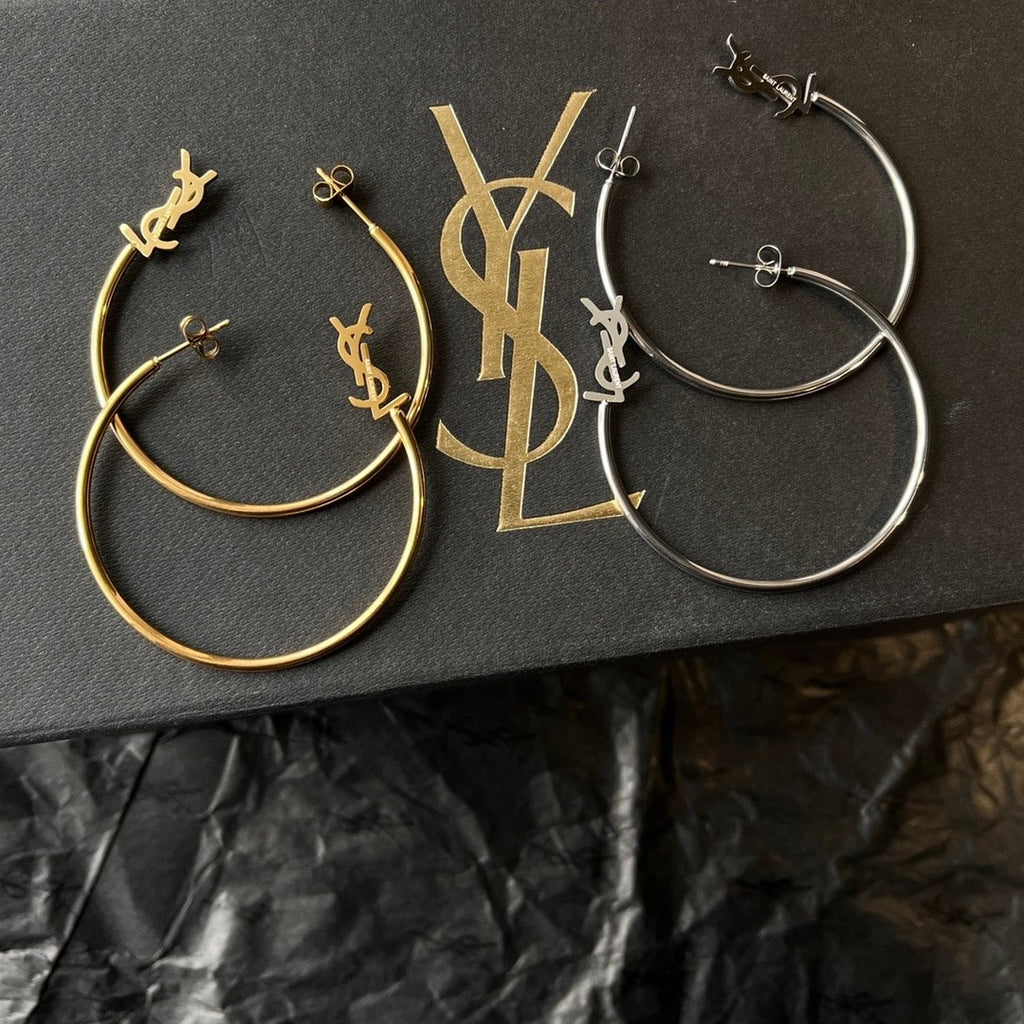 Saint Laurent YSL Logo Big Round Earrings Silver Tone