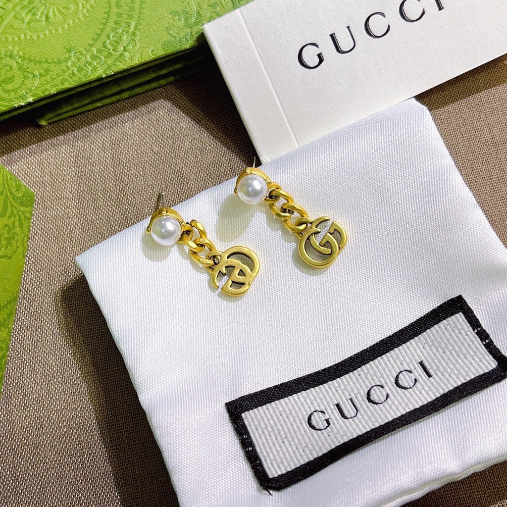 Gucci Pearl Double G Earrings Gold 645665 I4620 8078