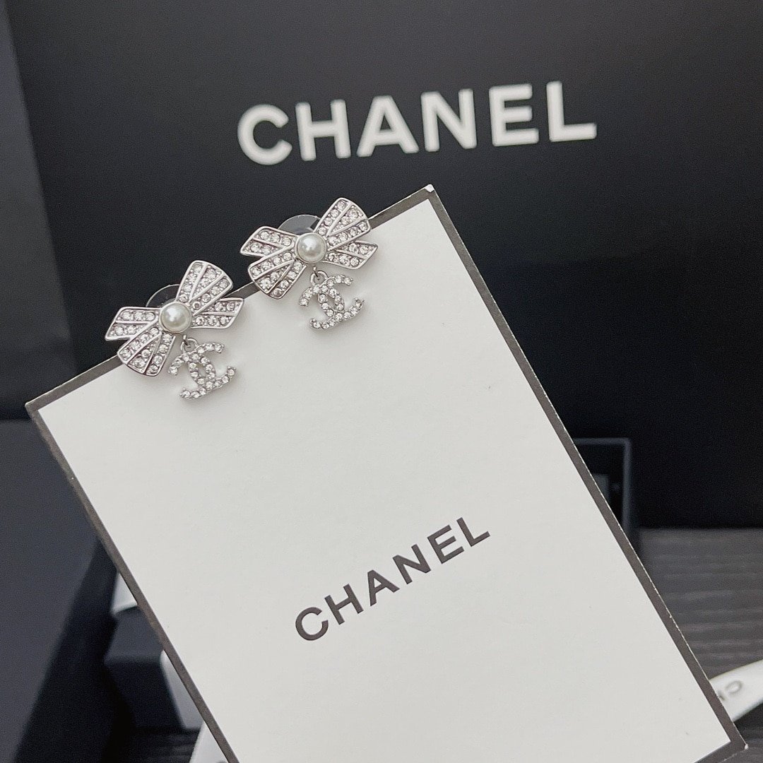 Chanel Crystal Cc Bow Drop Earrings Silver