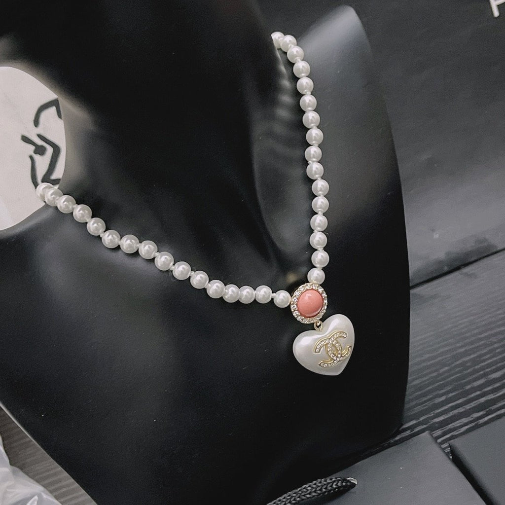 Chanel Large Heart Pearl Pink Crystal Cc Necklace