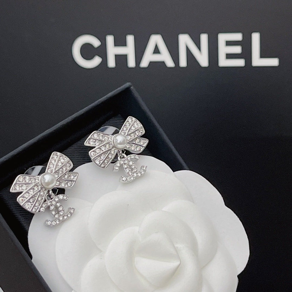 Chanel Crystal Cc Bow Drop Earrings Silver