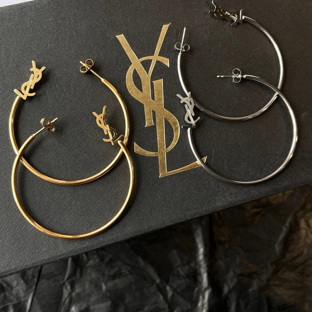 Saint Laurent YSL Logo Big Round Earrings Silver Tone