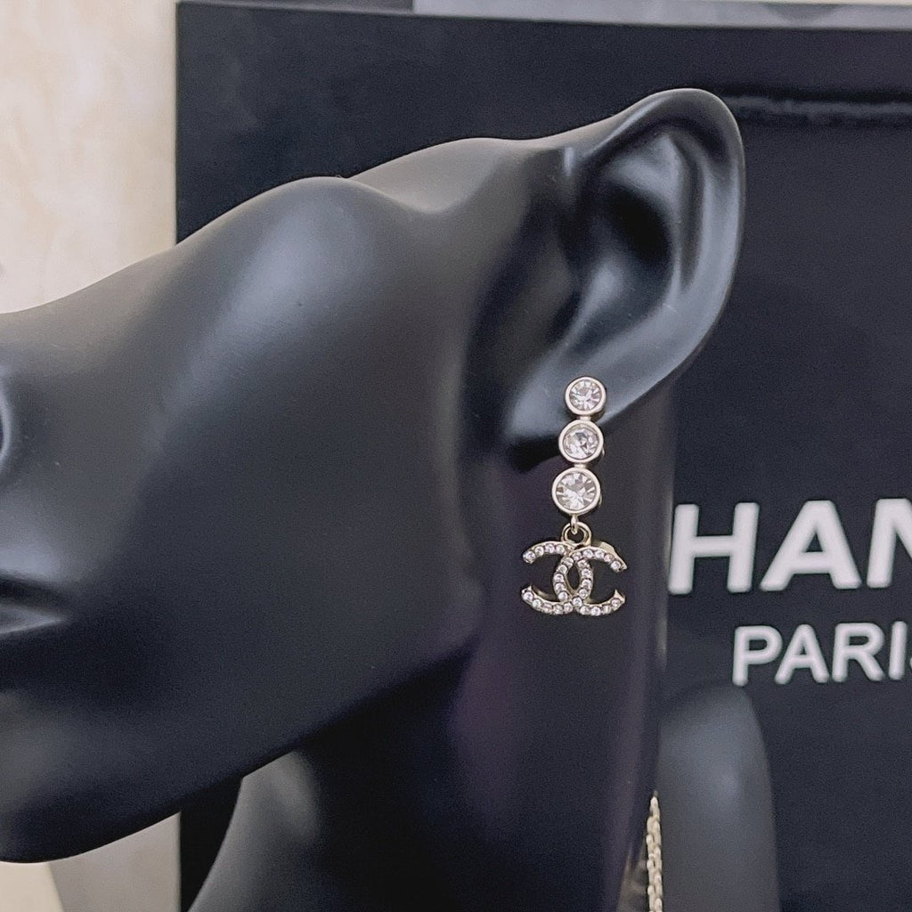 Chanel Crystal Cc Drop Earrings Gold