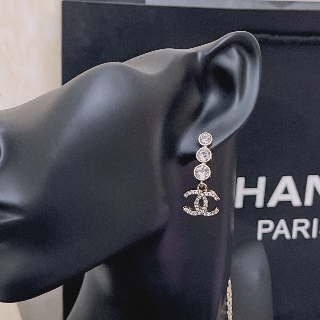 Chanel Crystal Cc Drop Earrings Gold