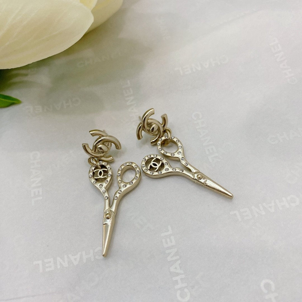 Chanel Cc Lock Crystal Scissors Drop Earrings