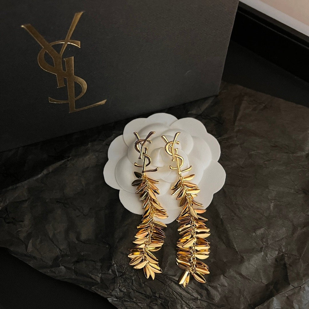 Saint Laurent YSL Leaf Tassel Gold Earrings